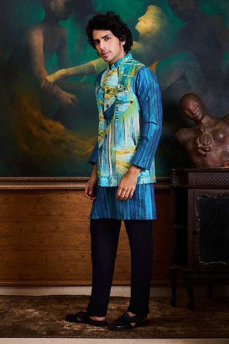 Histori_Blue Dupion, Cotton, Lycra Geometric Print Bundi Kurta Set _Online_at_Aza_Fashions