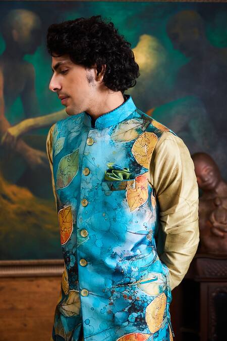 Buy Histori Teal Dupion, Cotton, Silk Printed Bundi Kurta Set Online at Aza Fashions Buy_Histori_Teal Dupion, Cotton, Silk Printed Bundi Kurta Set _Online_at_Aza_Fashions