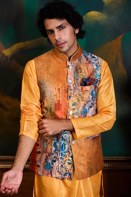 Histori_Orange Dupion, Cotton, Silk Printed Poly Bundi Kurta Set _Online_at_Aza_Fashions