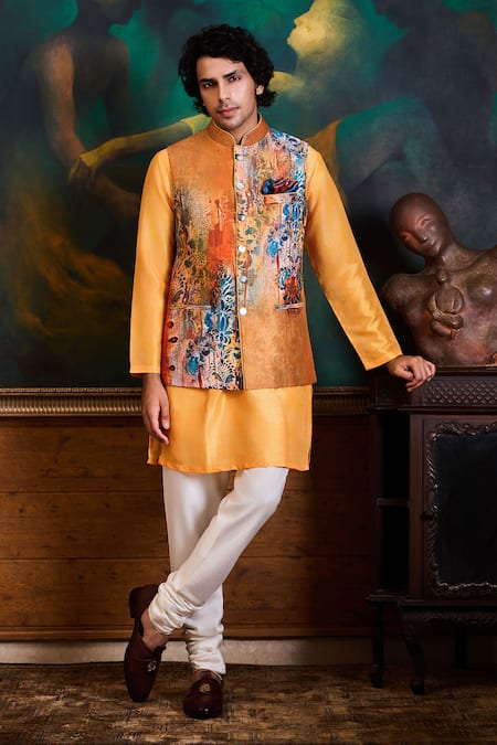 Histori Printed Poly Dupion Bundi Kurta Set 