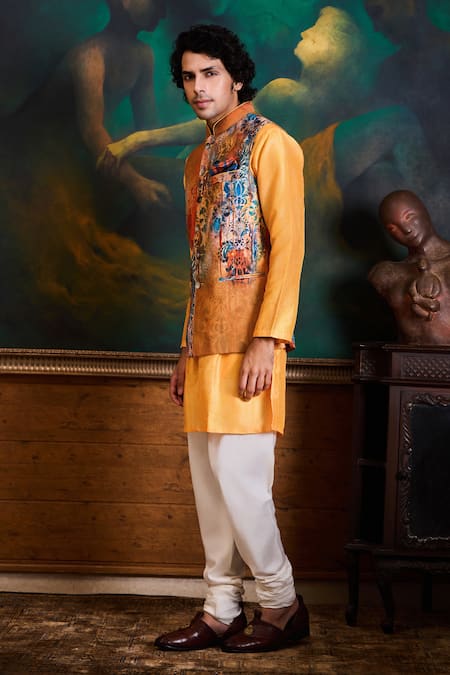 Buy_Histori_Orange Dupion, Cotton, Silk Printed Poly Bundi Kurta Set _Online_at_Aza_Fashions