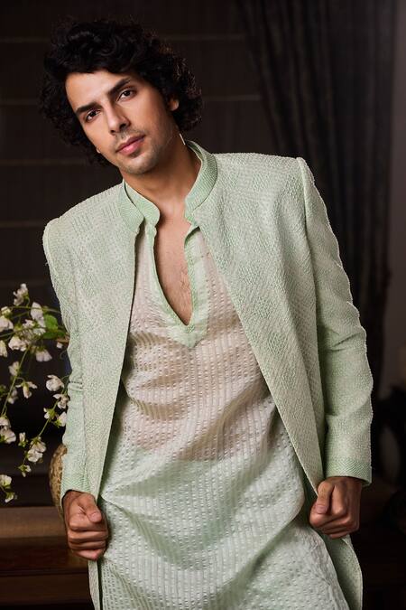 Shop_Histori_Mint Silk, Chanderi Silk, Cotton, Lycra Embroidery, Beads Raw Sherwani Set _Online_at_Aza_Fashions