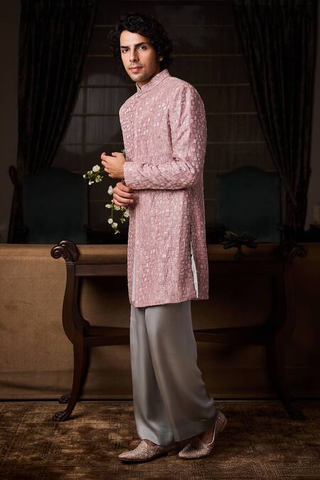 Buy_Histori_Pink Silk, Satin Embroidery, Beads, Sequins Raw Sherwani Kurta Set _Online_at_Aza_Fashions