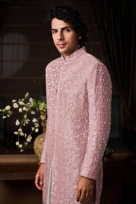 Shop_Histori_Pink Silk, Satin Embroidery, Beads, Sequins Raw Sherwani Kurta Set _Online_at_Aza_Fashions