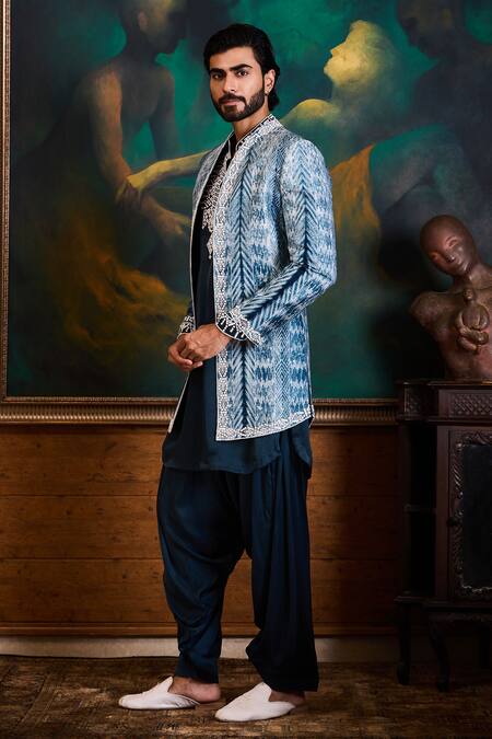 Buy_Histori_Teal Silk, Satin Beads, Embroidery Shibori Tie-dyed Sherwani Jacket Set _Online_at_Aza_Fashions