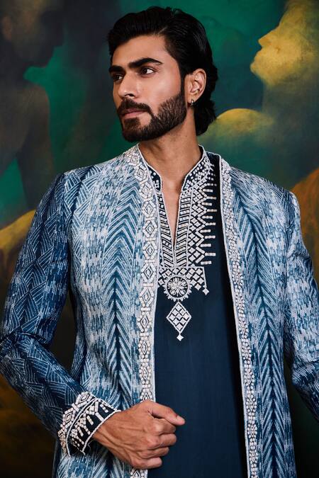 Shop_Histori_Teal Silk, Satin Beads, Embroidery Shibori Tie-dyed Sherwani Jacket Set _Online_at_Aza_Fashions