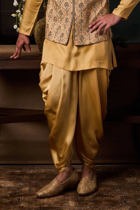Buy_Histori_Gold Silk, Satin Embroidery, Beads, Sequins Bundi Kurta Set _Online_at_Aza_Fashions