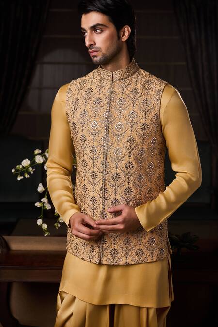 Histori_Gold Silk, Satin Embroidery, Beads, Sequins Bundi Kurta Set _at_Aza_Fashions