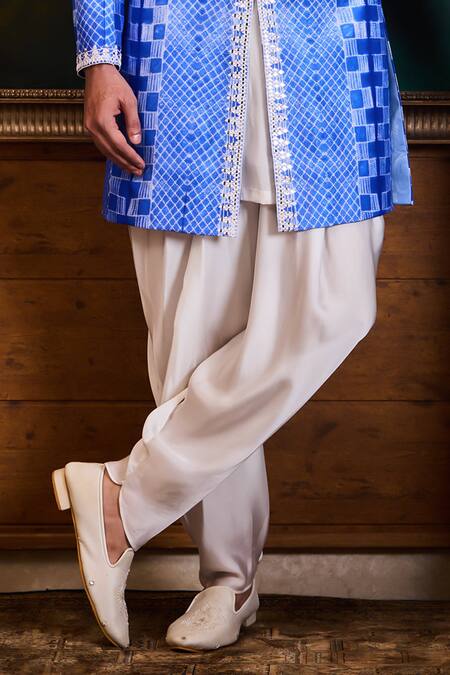 Buy_Histori_Blue Silk, Satin Beads, Embroidery Shibori Tie-dyed Sherwani Set _Online_at_Aza_Fashions