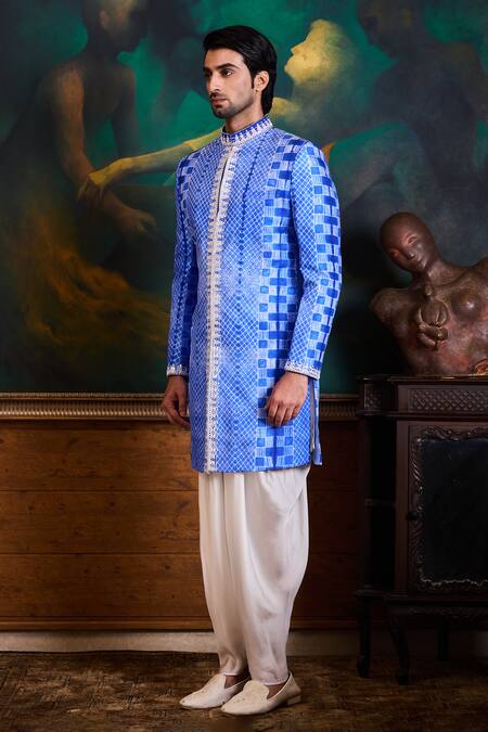Shop_Histori_Blue Silk, Satin Beads, Embroidery Shibori Tie-dyed Sherwani Set _Online_at_Aza_Fashions