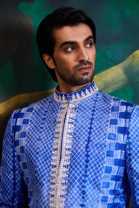 Histori_Blue Silk, Satin Beads, Embroidery Shibori Tie-dyed Sherwani Set _at_Aza_Fashions