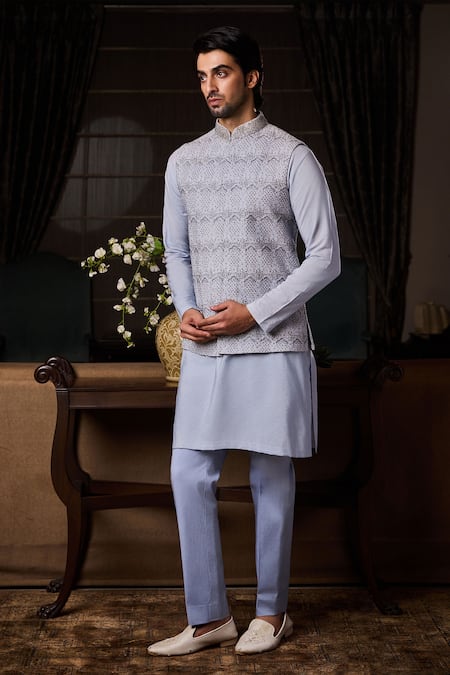 Histori_Blue Silk, Cotton, Lycra Beads Arabesque Pattern Embroidered Bundi Kurta Set _Online_at_Aza_Fashions