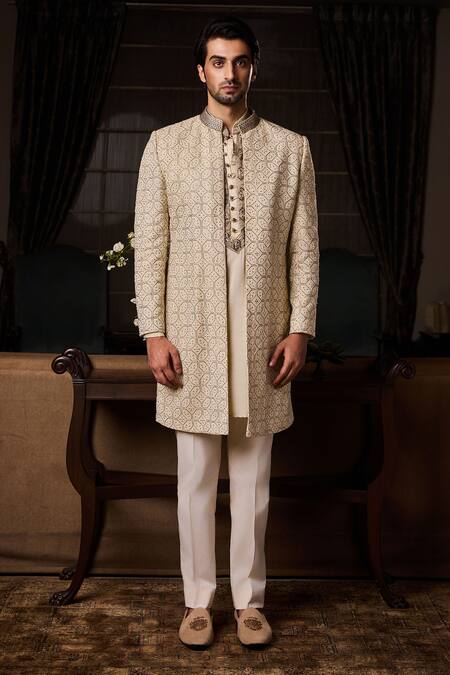 Buy_Histori_Beige Silk, Cotton, Lycra Embroidery, Beads Geometric Sherwani Set _Online_at_Aza_Fashions