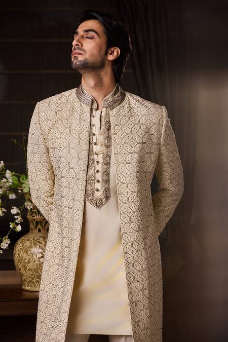 Shop_Histori_Beige Silk, Cotton, Lycra Embroidery, Beads Geometric Sherwani Set _Online_at_Aza_Fashions