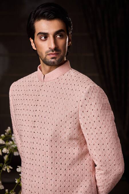 Buy_Histori_Peach Silk, Viscose Embroidery, Crystals, Beads Raw Sherwani Set _Online_at_Aza_Fashions