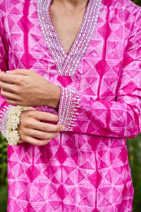 Histori_Fuchsia Silk, Cotton Beads, Embroidery Shibori Tie-dyed Short Kurta And Pant Set _Online_at_Aza_Fashions