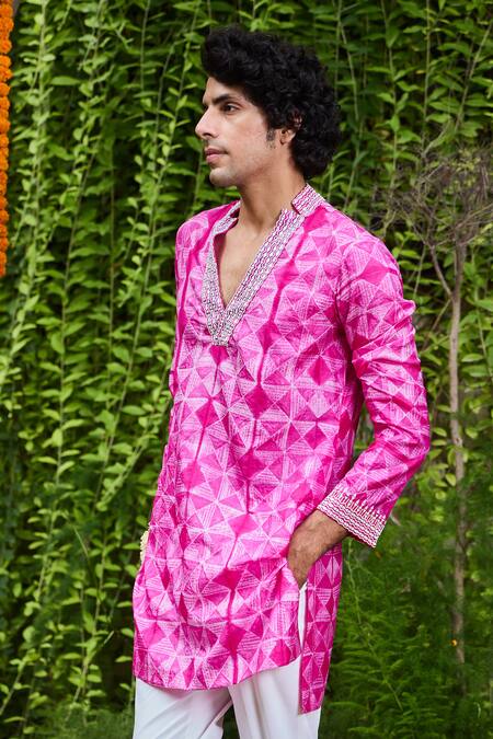Buy_Histori_Fuchsia Silk, Cotton Beads, Embroidery Shibori Tie-dyed Short Kurta And Pant Set _Online_at_Aza_Fashions