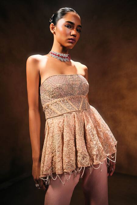 Mukta Sabharwal_Pink Tulle, Georgette, Crepe Beads, Sequins Noor Embroidered Peplum Top Set _Online_at_Aza_Fashions