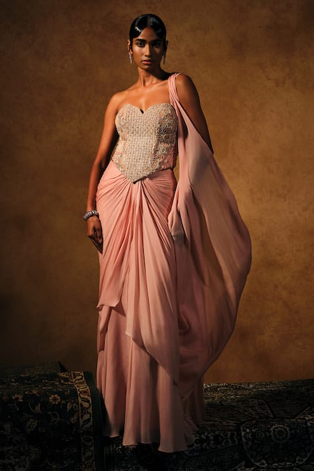 Mukta Sabharwal_Beige Georgette, Crepe Beads, Leher Embroidered Pre-draped Saree With Corset _Online_at_Aza_Fashions