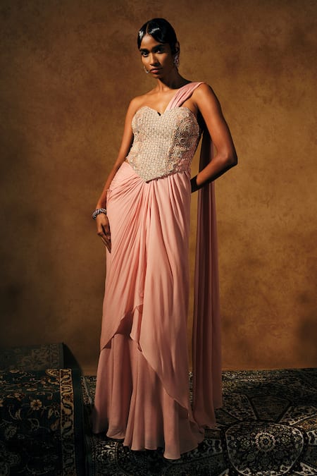 Buy_Mukta Sabharwal_Beige Georgette, Crepe Beads, Leher Embroidered Pre-draped Saree With Corset _Online_at_Aza_Fashions