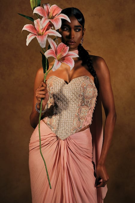 Shop_Mukta Sabharwal_Beige Georgette, Crepe Beads, Leher Embroidered Pre-draped Saree With Corset _Online_at_Aza_Fashions