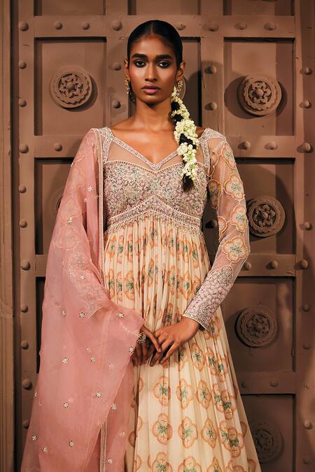 Mukta Sabharwal_Cream Georgette, Tulle Embroidery Gulnaar Printed Anarkali With Dupatta _Online_at_Aza_Fashions
