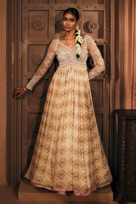 Buy_Mukta Sabharwal_Cream Georgette, Tulle Embroidery Gulnaar Printed Anarkali With Dupatta _Online_at_Aza_Fashions