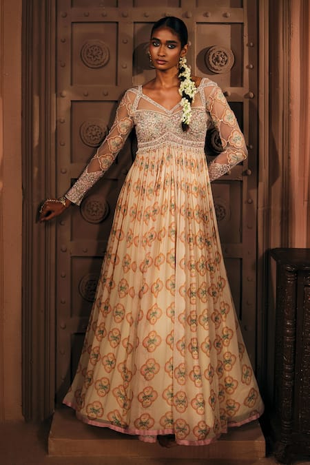 Mukta Sabharwal_Cream Georgette, Tulle Embroidery, Sequins Gulnaar Printed Anarkali Set _Online_at_Aza_Fashions