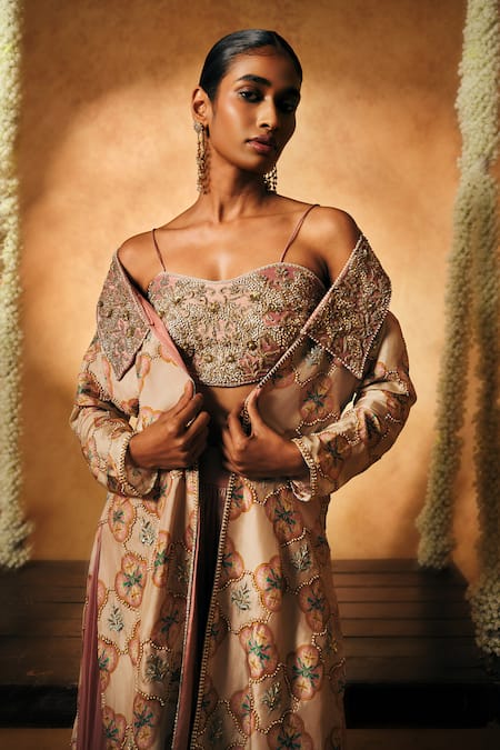 Mukta Sabharwal_Cream Silk, Tissue Embroidery, Beads Open Neck, Kohra Printed Jacket Sharara Set _Online_at_Aza_Fashions