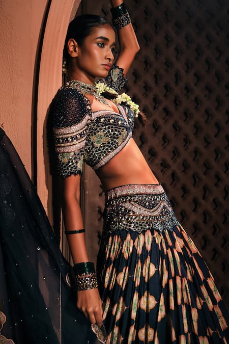 Mukta Sabharwal_Navy Silk, Tulle, Organza Sequins, Stones, Embroidery, Zari Meher Lehenga Set _Online_at_Aza_Fashions