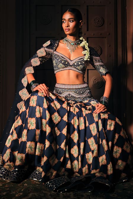 Buy_Mukta Sabharwal_Navy Silk, Tulle, Organza Sequins, Stones, Embroidery, Zari Meher Lehenga Set _Online_at_Aza_Fashions