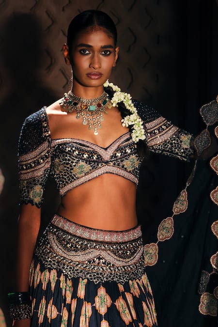 Shop_Mukta Sabharwal_Navy Silk, Tulle, Organza Sequins, Stones, Embroidery, Zari Meher Lehenga Set _Online_at_Aza_Fashions
