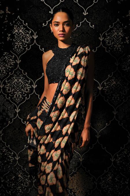 Mukta Sabharwal_Navy Georgette, Tulle Sequins, Zehan Printed Pre-stitched Saree With Blouse _Online_at_Aza_Fashions