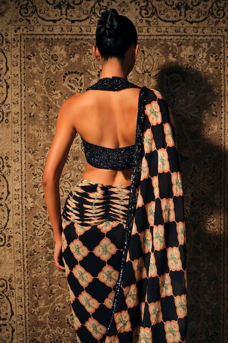 Shop_Mukta Sabharwal_Navy Georgette, Tulle Sequins, Zehan Printed Pre-stitched Saree With Blouse _Online_at_Aza_Fashions
