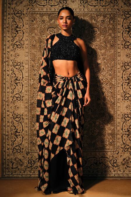 Mukta Sabharwal_Navy Georgette, Tulle Sequins, Zehan Printed Pre-stitched Saree With Blouse _at_Aza_Fashions