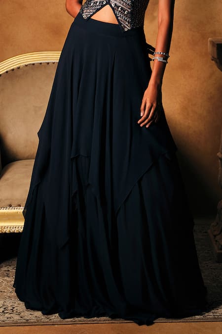 Buy_Mukta Sabharwal_Navy Tulle, Georgette, Crepe Embroidery, Zari Halter Blouse With Layered Lehenga _Online_at_Aza_Fashions