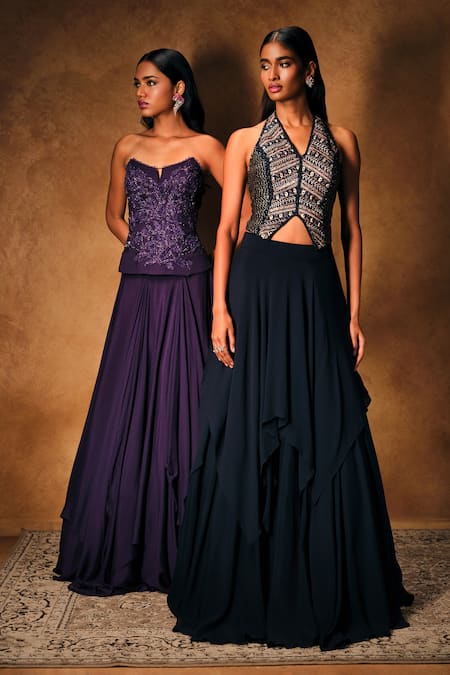 Shop_Mukta Sabharwal_Navy Tulle, Georgette, Crepe Embroidery, Zari Halter Blouse With Layered Lehenga _Online_at_Aza_Fashions