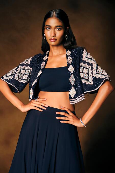 Mukta Sabharwal_Navy Georgette, Crepe Sequins, Beads, Rangat Embellished Jacket Lehenga Set _Online_at_Aza_Fashions