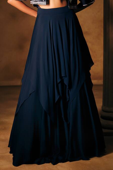 Buy_Mukta Sabharwal_Navy Georgette, Crepe Sequins, Beads, Rangat Embellished Jacket Lehenga Set _Online_at_Aza_Fashions