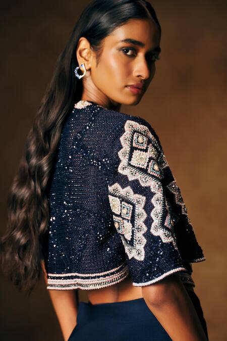 Shop_Mukta Sabharwal_Navy Georgette, Crepe Sequins, Beads, Rangat Embellished Jacket Lehenga Set _Online_at_Aza_Fashions