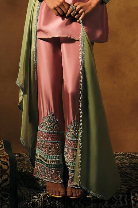 Buy_Mukta Sabharwal_Pink Silk, Shantoon, Tissue Embroidery Keyhole Neck Eshani Kurta Set _Online_at_Aza_Fashions