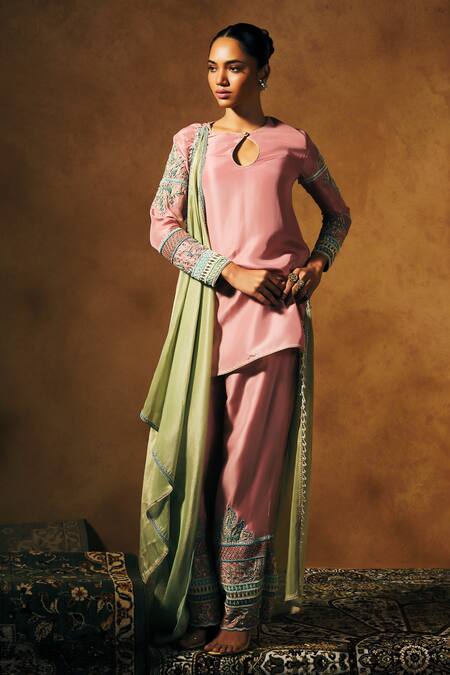 Shop_Mukta Sabharwal_Pink Silk, Shantoon, Tissue Embroidery Keyhole Neck Eshani Kurta Set _Online_at_Aza_Fashions