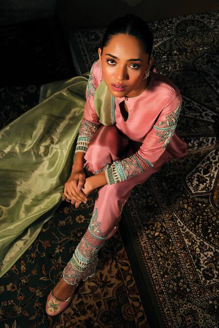 Mukta Sabharwal_Pink Silk, Shantoon, Tissue Embroidery Keyhole Neck Eshani Kurta Set _at_Aza_Fashions