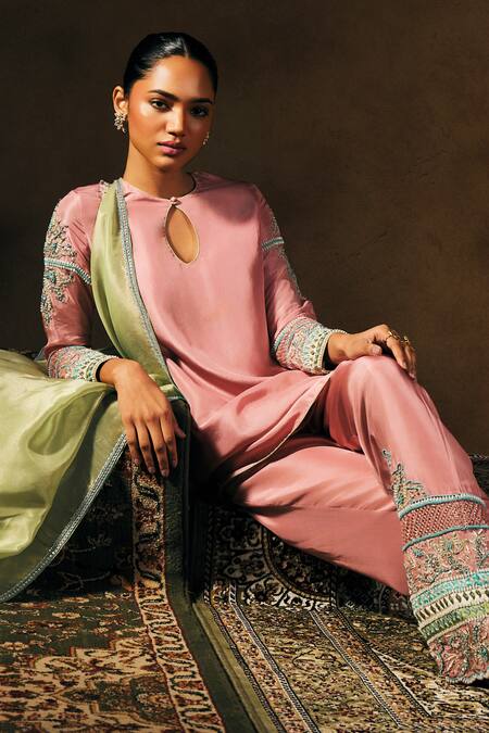 Buy_Mukta Sabharwal_Pink Silk, Shantoon, Tissue Embroidery Keyhole Neck Eshani Kurta Set 