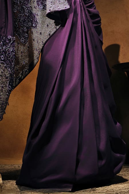 Mukta Sabharwal_Purple Silk, Tulle Embroidery, Sequins Square Nyra Embellished Saree With Blouse _Online_at_Aza_Fashions