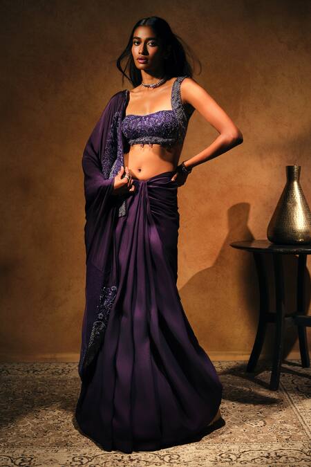 Shop_Mukta Sabharwal_Purple Silk, Tulle Embroidery, Sequins Square Nyra Embellished Saree With Blouse _Online_at_Aza_Fashions
