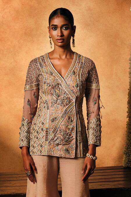 Shop_Mukta Sabharwal_Pink Organza, Tissue Embroidery Vishakha Embellished Jacket With Flared Pant _Online_at_Aza_Fashions