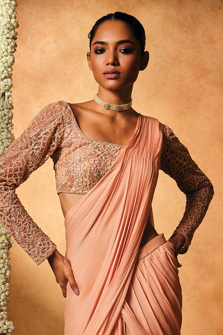 Mukta Sabharwal Peach Georgette, Tulle Embroidery Zehan Printed Pre-stitched Saree With Blouse Online at Aza Fashions Mukta Sabharwal_Peach Georgette, Tulle Embroidery Zehan Printed Pre-stitched Saree With Blouse _Online_at_Aza_Fashions