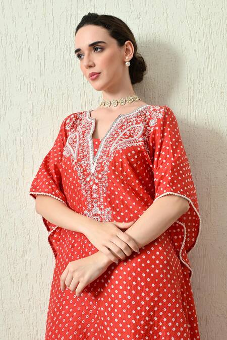 Buy OHH CROW Orange , Chanderi Embroidery V-neck Bandhani Print Kaftan And Pant Set Online at Aza Fashions Buy_OHH CROW_Orange , Chanderi Embroidery V-neck Bandhani Print Kaftan And Pant Set _Online_at_Aza_Fashions