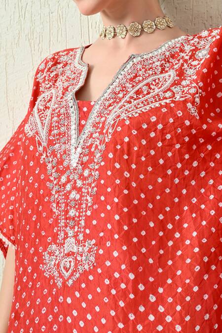 Buy OHH CROW Orange , Chanderi Embroidery V-neck Bandhani Print Kaftan And Pant Set Buy_OHH CROW_Orange , Chanderi Embroidery V-neck Bandhani Print Kaftan And Pant Set